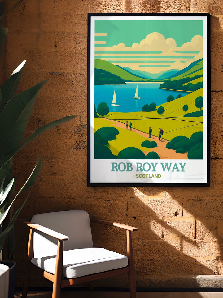 This canvas art captures the charm of Rob Roy Way and Loch Ard, two landmarks in Scotlands Trossachs National Park. Ideal for hiking lovers, this framed print is a timeless reminder of the Scottish Highlands.