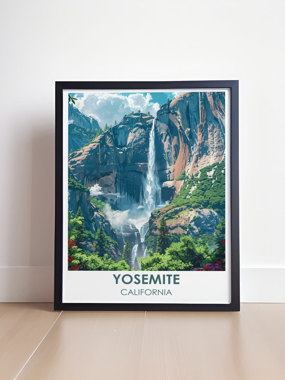 Yosemite Falls, one of the tallest waterfalls in North America, is beautifully illustrated in this poster, showcasing the thundering cascades and misty rainbows that make it a breathtaking natural wonder.