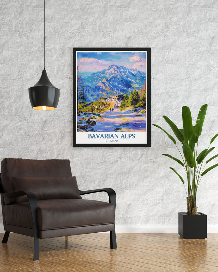 Beautiful Bavarian Alps travel poster capturing the serene Berchtesgaden National Park and the historic Eagles Nest, reflecting Germanys unique landscapes. Ideal for those who appreciate the beauty of the Alps and the charm of Bavaria.