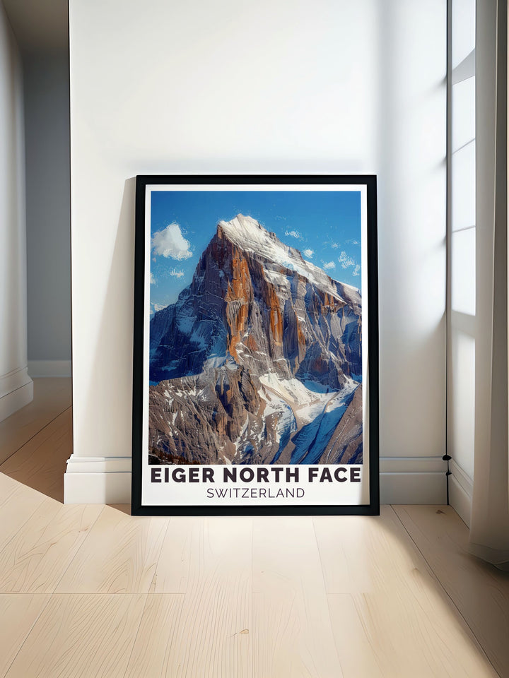 Stunning Eiger poster showcasing the majestic mountain and the picturesque village of Lauterbrunnen ideal for adding a touch of the Swiss Alps to your home decor with this beautiful vintage travel print capturing the serene beauty of Switzerland.