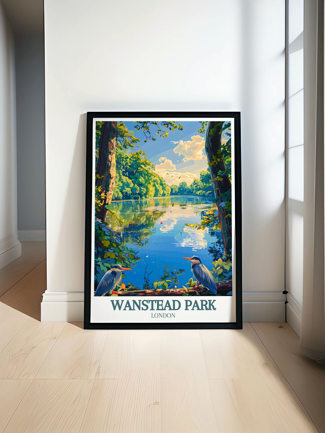 Exquisite Wanstead Park travel poster featuring lush green landscapes and serene water scenes. Perfect for nature lovers looking to bring a piece of East Londons tranquil beauty into their home with a stunning vintage travel print.