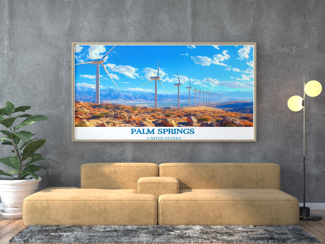 Vibrant Palm Springs Windmills Travel Print highlighting the distinctive windmills and desert scenery ideal for travel enthusiasts and as memorable gifts for any occasion