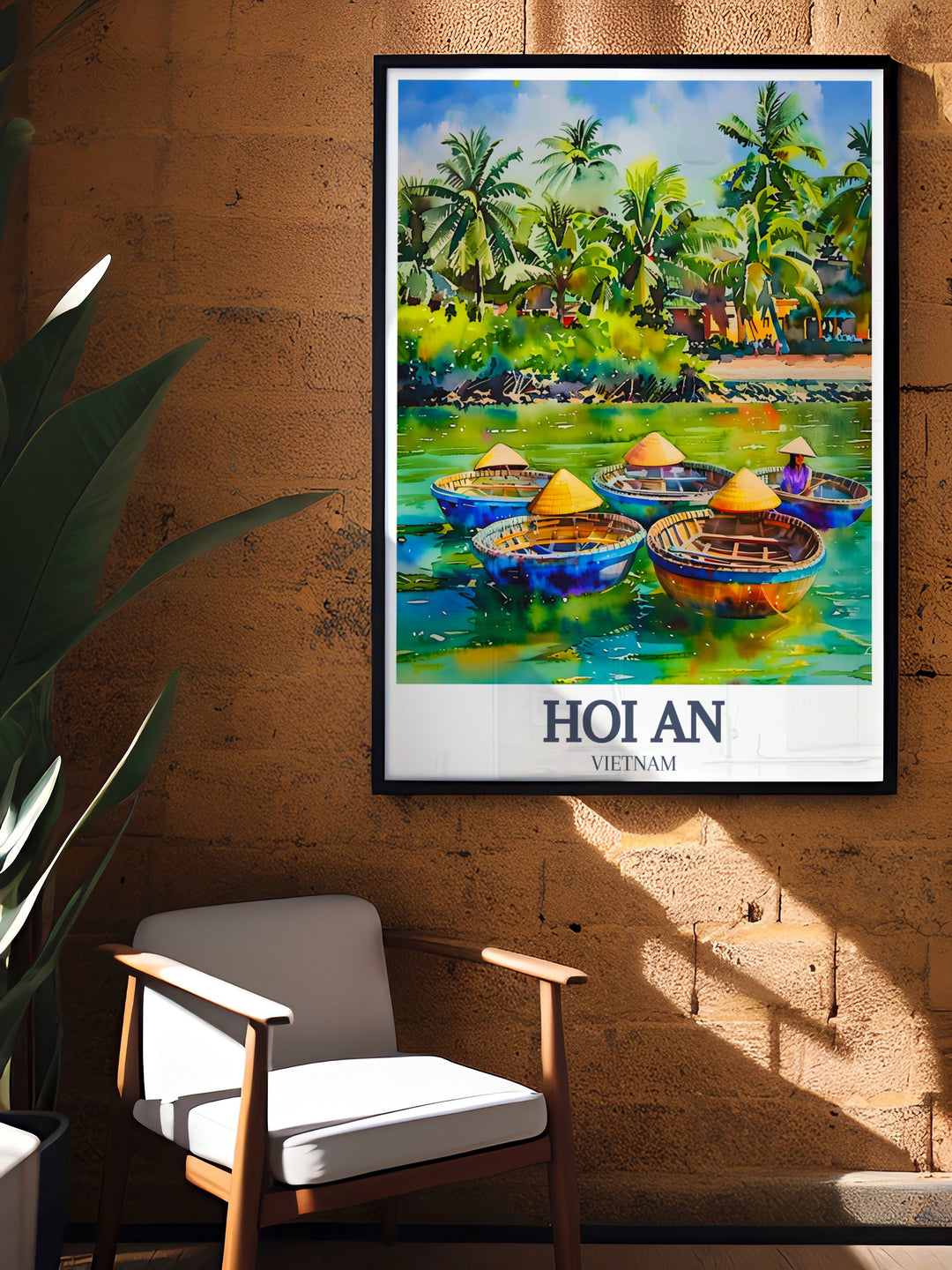 A stunning Hoi An travel poster, featuring the iconic streets and historical architecture of this beautiful town. This poster print offers a colorful glimpse into the cultural heritage of Vietnam, making it a great travel inspired décor piece.