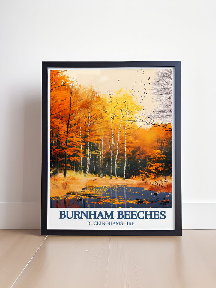 Beautiful Burnham Beeches travel poster capturing the scenic Upper Pond and the peaceful Farnham Common, perfect for enhancing your home or office with the countrysides iconic landmarks.
