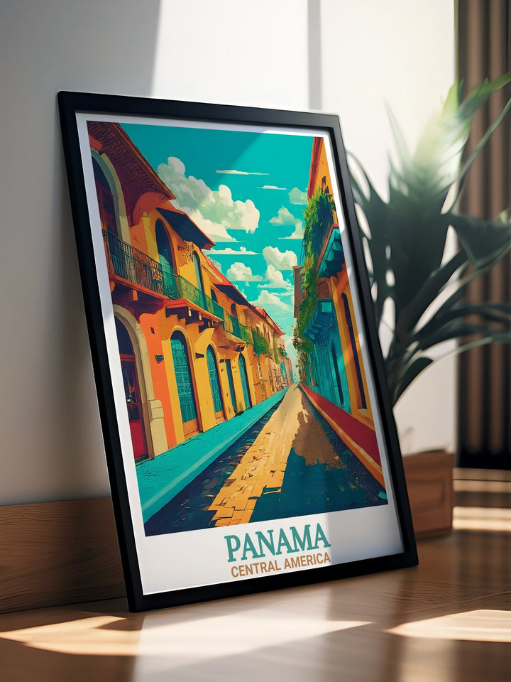 A colorful poster of Casco Viejo in Panama City, perfect for those who appreciate the architectural beauty and rich history of this UNESCO World Heritage site. This travel print adds a touch of Panamas vibrant culture to any space.