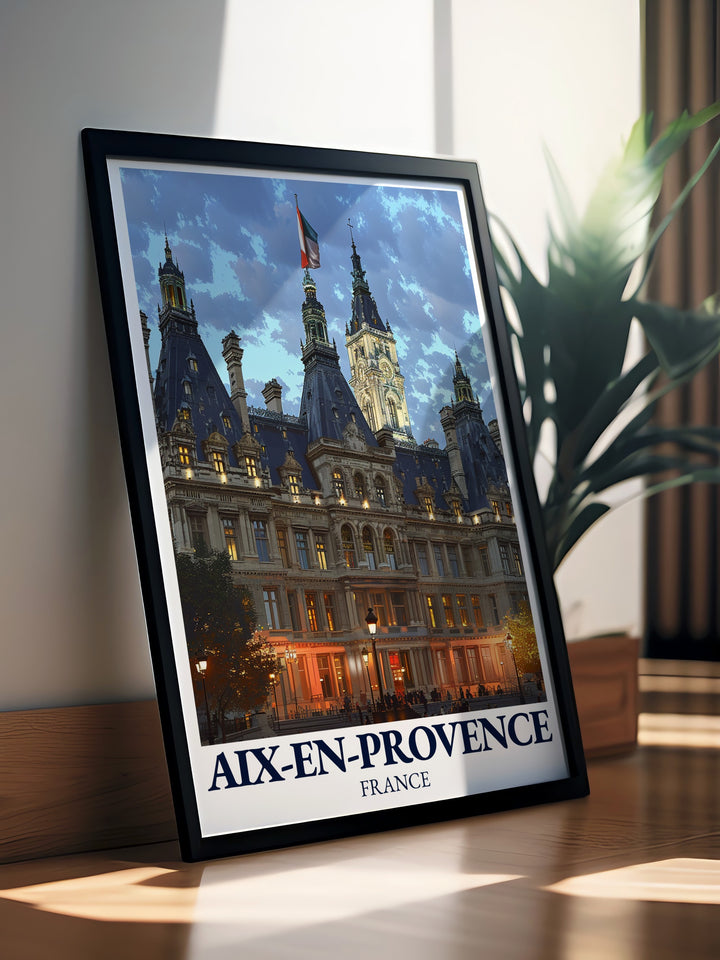 This travel poster of Aix en Provences Hôtel de Ville captures the architectural splendor of one of Provences most iconic landmarks. The perfect piece of wall art for lovers of France and its timeless charm, this print brings a touch of southern France into your home, blending history and elegance.