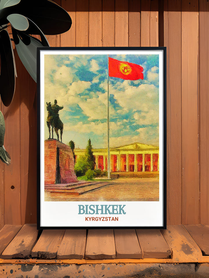 Bishkek Wall Art offers a detailed representation of the citys central square, Ala Too, framed by the towering mountains of Kyrgyzstan. This print is perfect for those who appreciate cultural landmarks and nature combined in one visual piece.