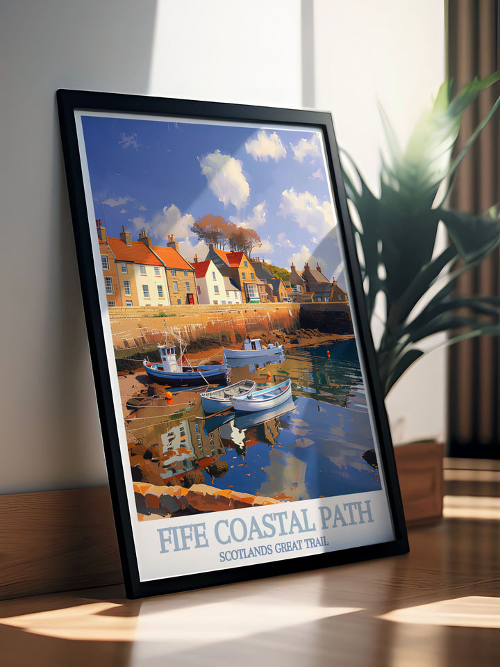 This travel poster captures the stunning beauty of the Fife Coastal Path in Scotland, highlighting the scenic trail and rugged landscape, perfect for enhancing your home decor.