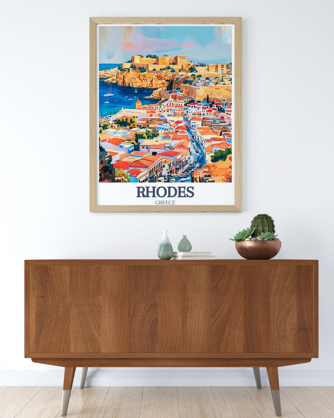 Highlight your love for Greek history with this Rhodes art print. Featuring the medieval Palace of the Grand Master and the cobbled streets of the Old Town of Rhodes, this travel print combines the best of Rhodes into an elegant canvas art for your home.