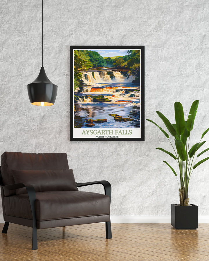 Retro travel poster of Aysgarth Falls capturing the essence of Yorkshire Dales National Park perfect for gifting or personal collection this artwork showcases the stunning falls amidst lush greenery reflecting the serene ambiance of North Yorkshire.