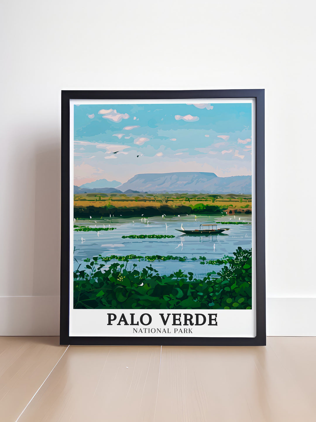 Experience the beauty of Palo Verde National Park with this vibrant art print featuring the Tempisque River Flood Plains and Verde Boat Safari perfect for adding a natural and adventurous feel to your home office or living space.