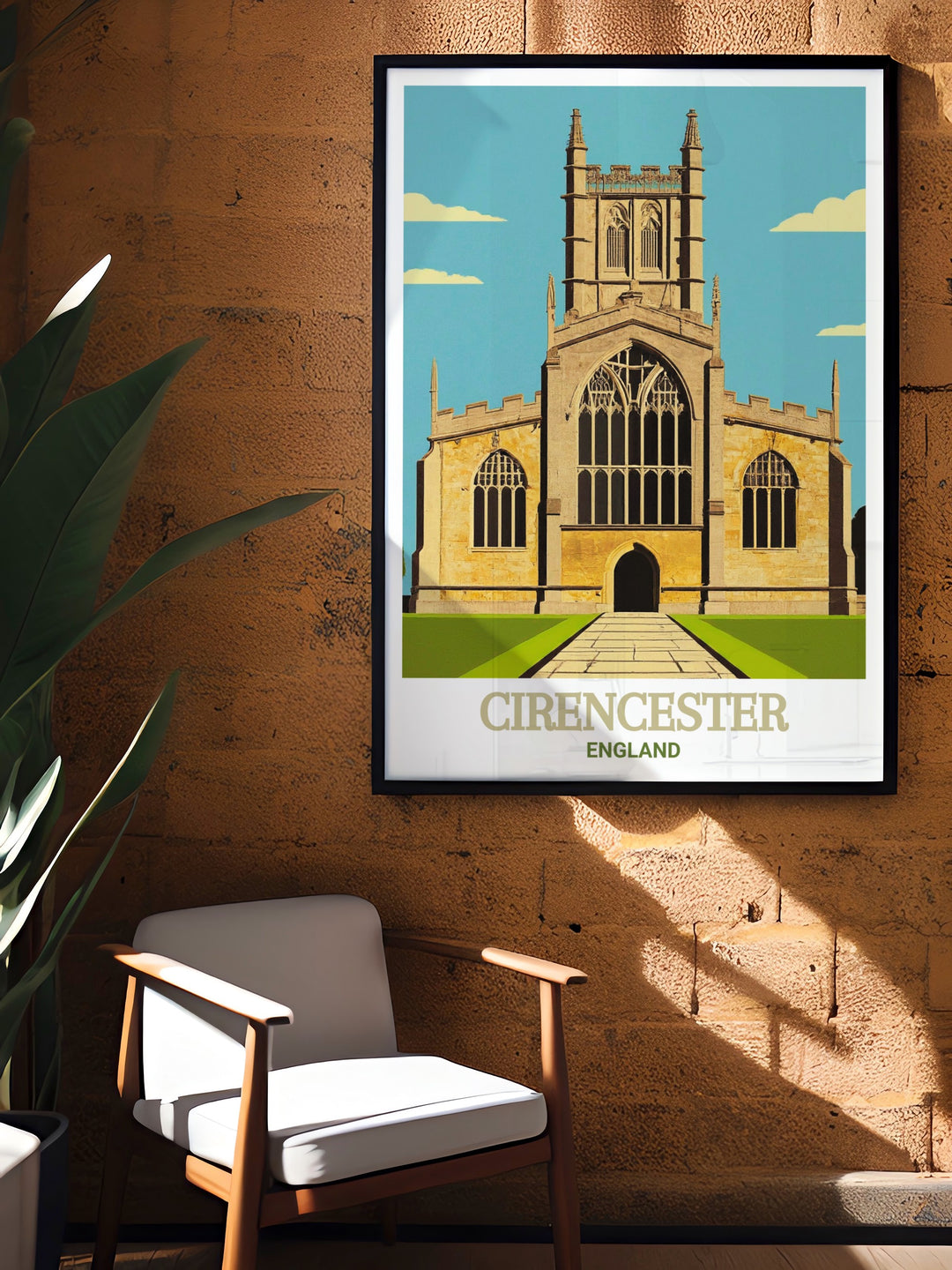 Bring the historic charm of Cirencester into your home with this travel poster, highlighting the Parish Church of St. John Baptist. The prints detailed design makes it a standout piece in any collection of England travel art.