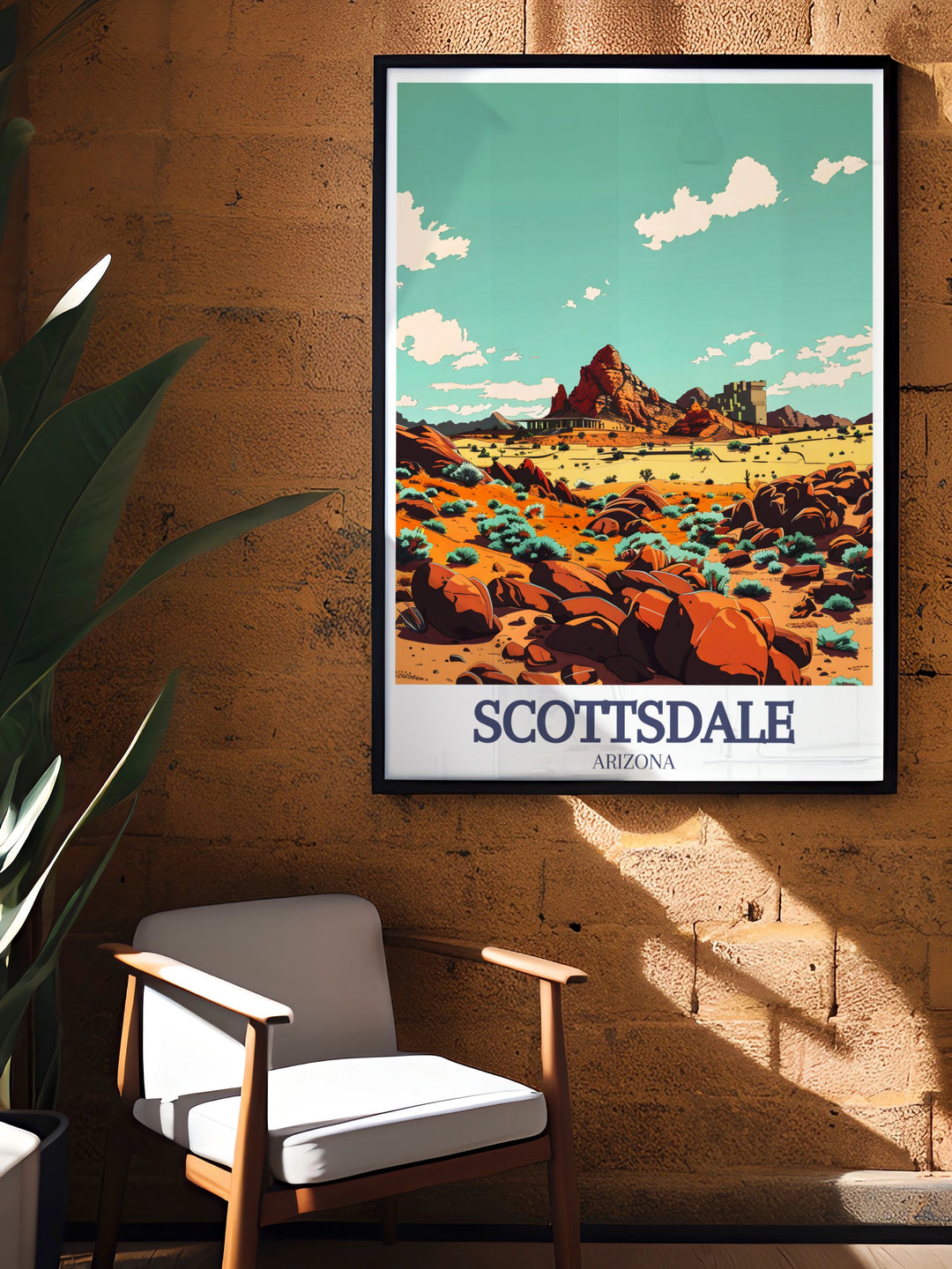 A beautiful travel print featuring Scottsdales iconic landmarks, including Camelback Mountain and Frank Lloyd Wrights Taliesin West. Perfect for adding a touch of Arizonas desert beauty to your home, this Scottsdale art print captures the unique blend of nature and architecture.