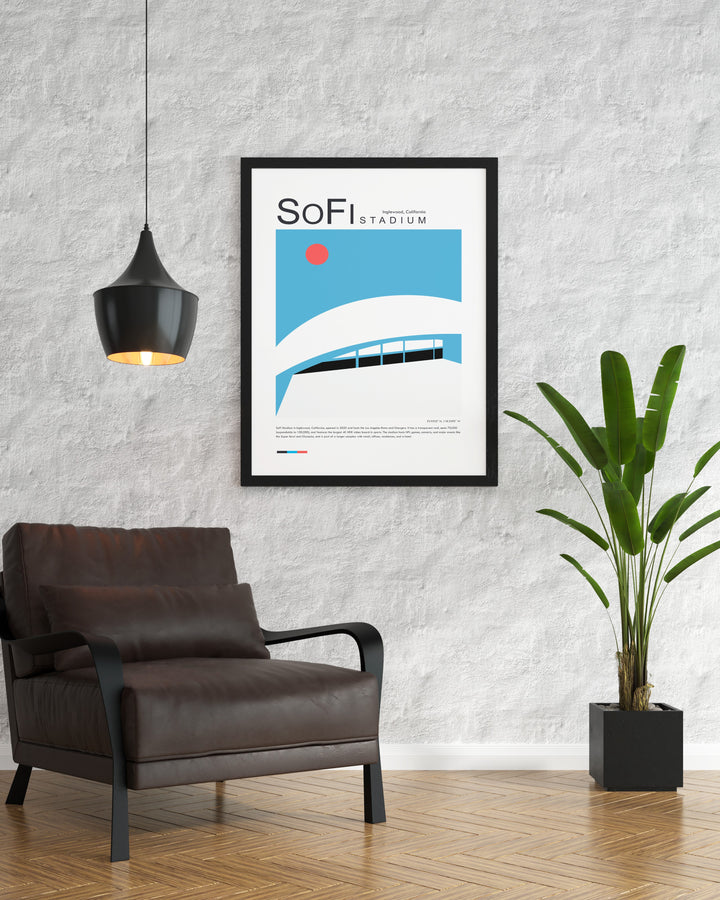 Enhance your sports bedroom or office with this stunning SoFi Stadium Los Angeles poster featuring minimalist design and high quality print perfect for modern and mid century modern interiors