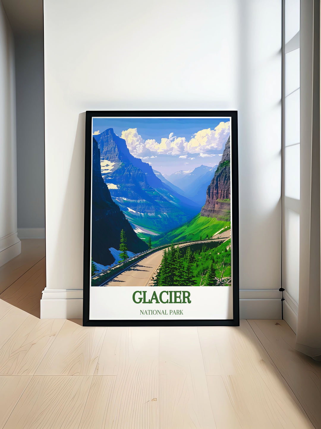 This travel poster of Glacier National Park features the parks diverse landscapes and rich wildlife. Ideal for nature enthusiasts, this artwork captures the essence of one of Americas most beautiful national parks.