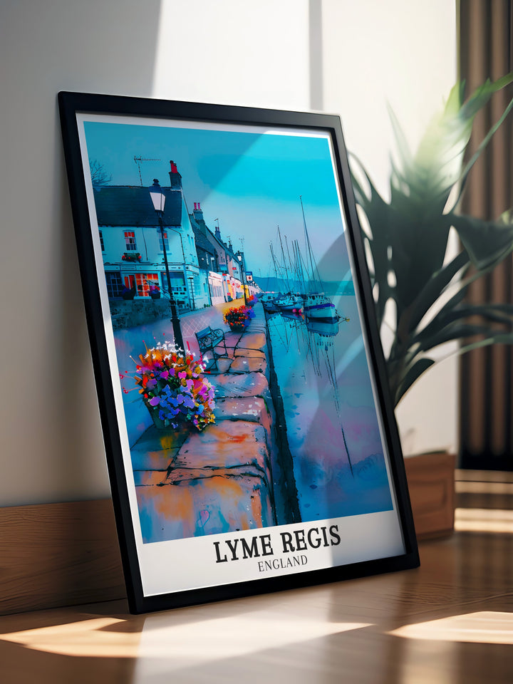 Featuring the iconic Cobb and the tranquil Lyme Regis Harbour, this wall poster captures the beauty of one of Englands most picturesque seaside towns. Perfect for home or office décor, this artwork brings a touch of the English countryside into any space.