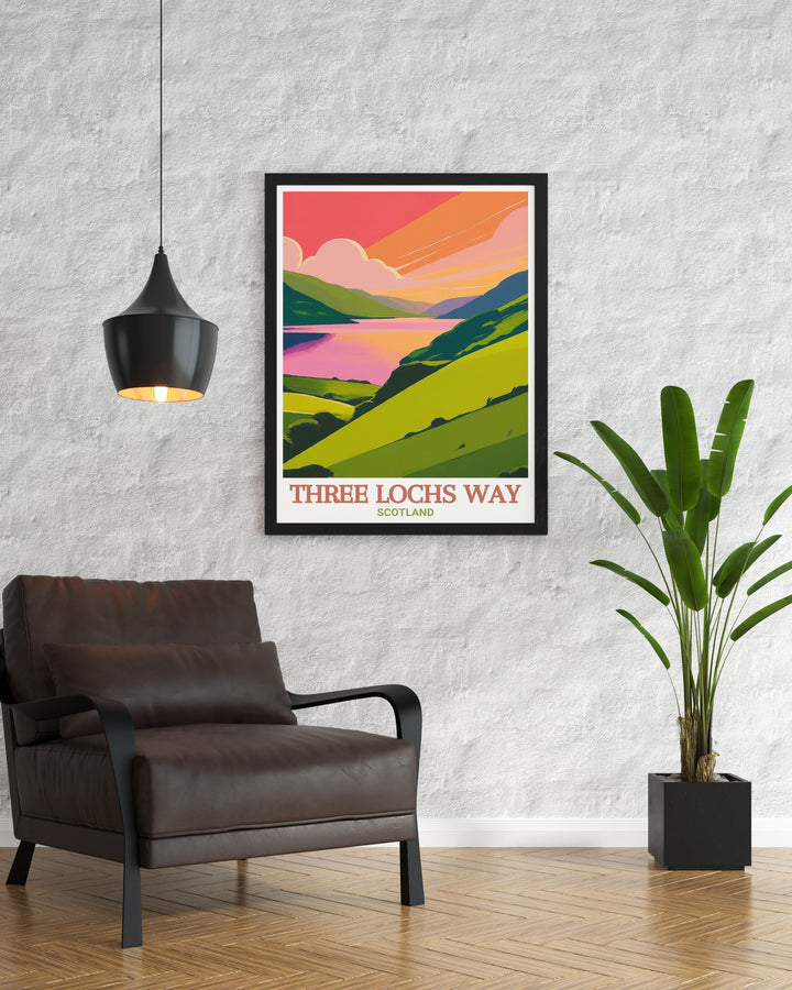 Explore the natural beauty of Scotlands Three Lochs Way with this detailed travel print, featuring iconic views of Gare Loch and Inveruglas. This poster is perfect for nature lovers and hikers looking to bring a piece of the Scottish Highlands into their home.