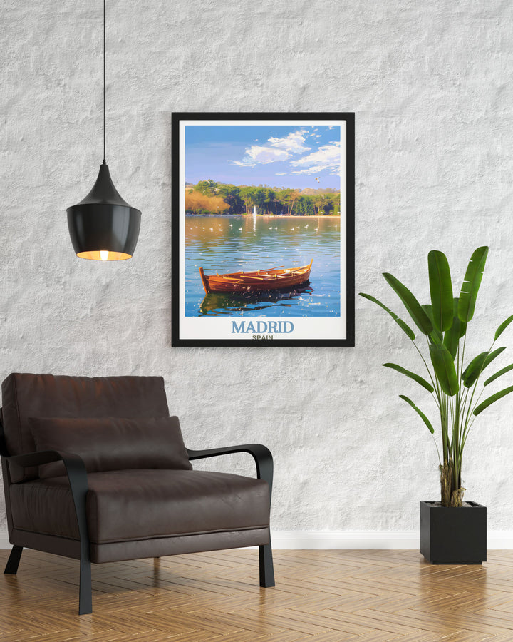 Celebrate Spains rich culture and natural landscapes with this Lake at Casa de Campo art print. This elegant minimalistic poster is ideal for those who love Spanish travel posters and are looking to bring a piece of Madrid into their homes.