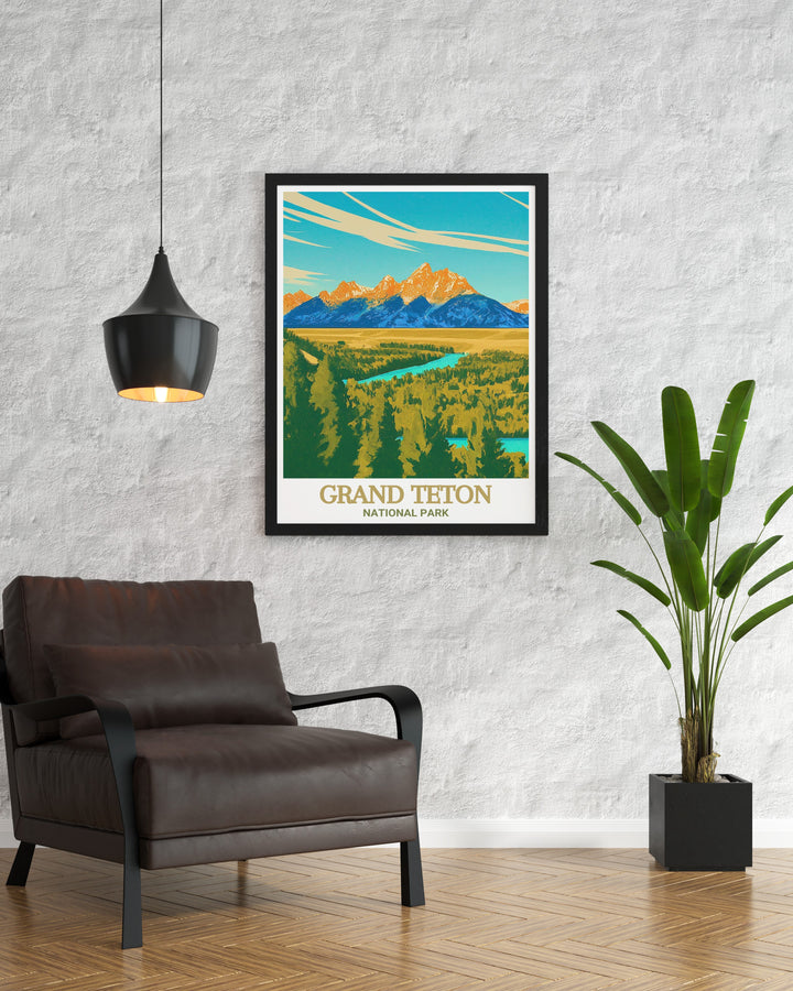 Snake River Overlook wall art capturing the stunning landscape of Grand Teton National Park, where the majestic Teton Range meets the winding Snake River. The intricate details of this print make it a striking focal point in any room, perfect for adding a touch of the American wilderness to your decor.