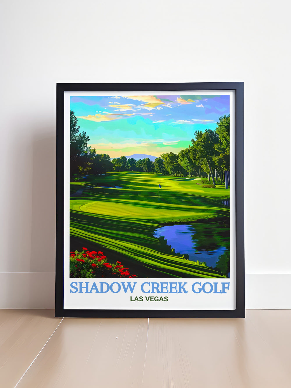 Framed Art of Shadow Creek Golf Course, highlighting the courses lush landscape and challenging holes. The framed print adds a refined touch to any space, making it a perfect gift for golf enthusiasts or a sophisticated addition to your own collection. The artwork captures the essence of Shadow Creek, one of the most sought after golf experiences in the world, bringing a piece of Las Vegas luxury into your home.