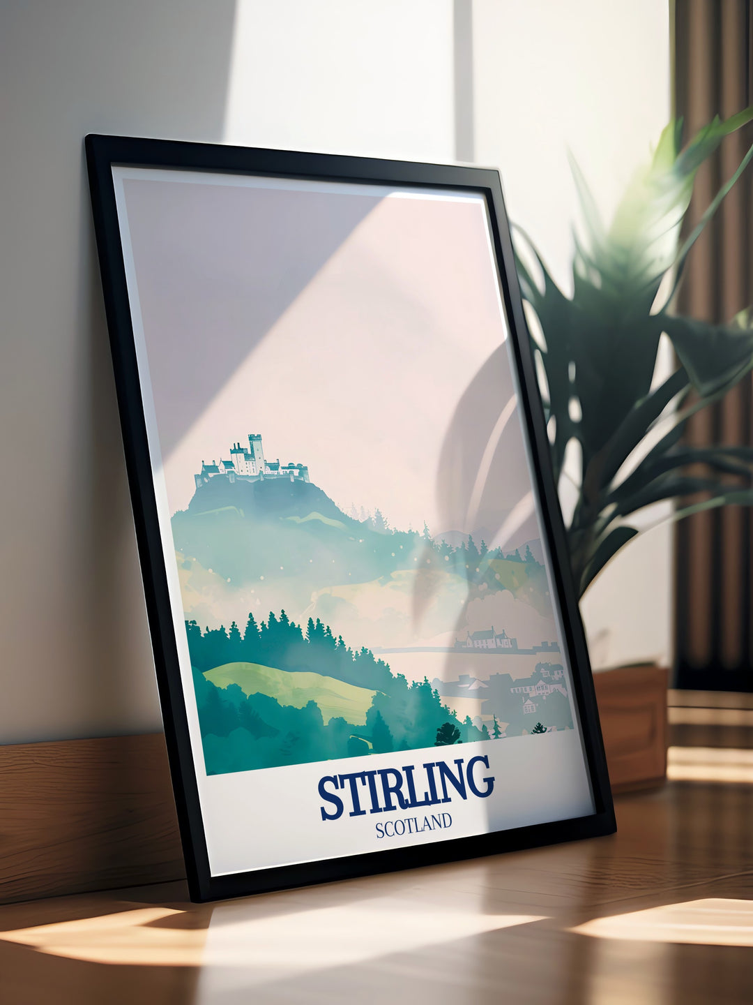 A vibrant travel print of Stirling Castle and Stirlings Old Town, this artwork beautifully captures the unique charm and historical significance of the city. Its the perfect gift for anyone passionate about Scotlands rich history and architectural heritage.