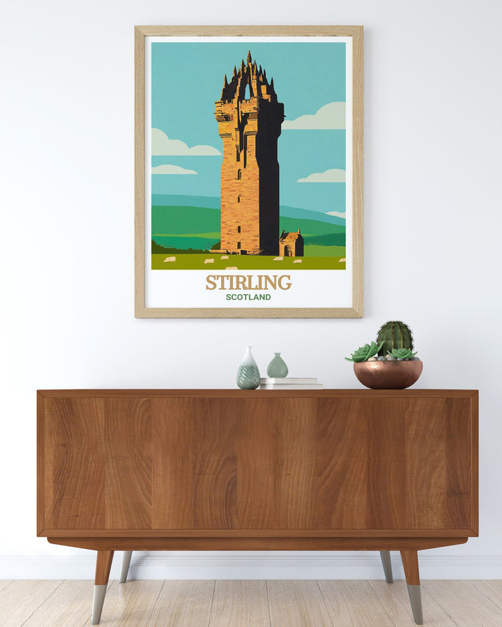 The National Wallace Monument is beautifully rendered in this travel print, offering a glimpse into Scotlands storied past. Its striking design and historical importance make this wall art an excellent choice for history enthusiasts.