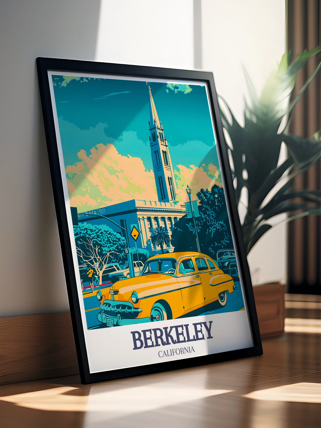 This Berkeley travel poster highlights the beauty of the citys most iconic landmarks. Featuring the stunning Berkeley Hills and the historic Campanile, this print is a perfect gift for lovers of Californias Bay Area or anyone with a connection to this unique city.