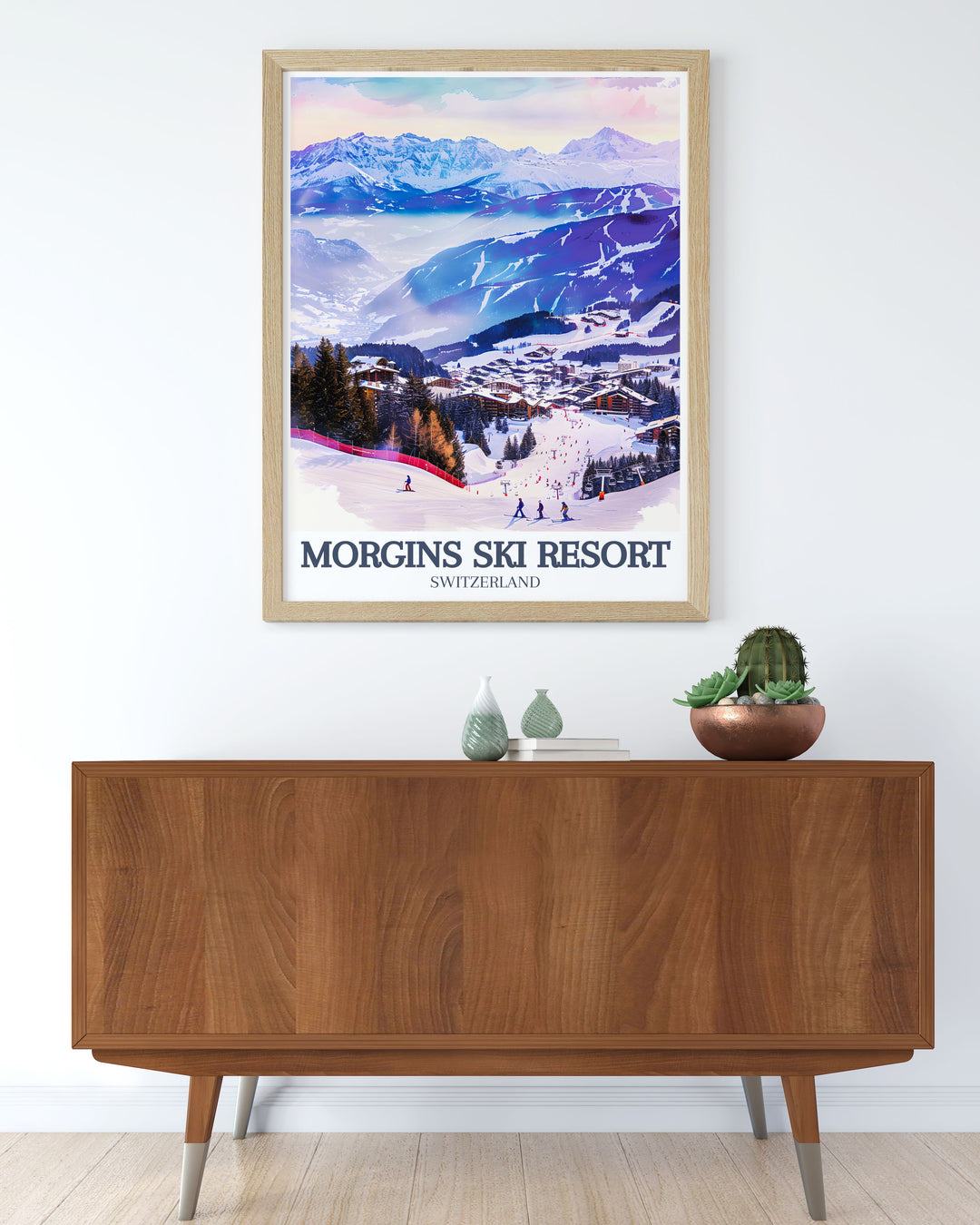 Experience the magic of the Swiss Alps with this Dents du Midi Travel Print. Showcasing the towering peaks over Morgins Ski Resort and the serene Morgins Village, this print is ideal for anyone looking to bring a touch of Swiss winter beauty into their space.