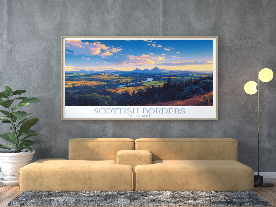 Scott's View wall art captures the timeless charm of the Scottish Borders Perfect for lovers of nature and Scottish heritage this print adds a touch of elegance to any space making it a thoughtful gift for travelers and art enthusiasts alike