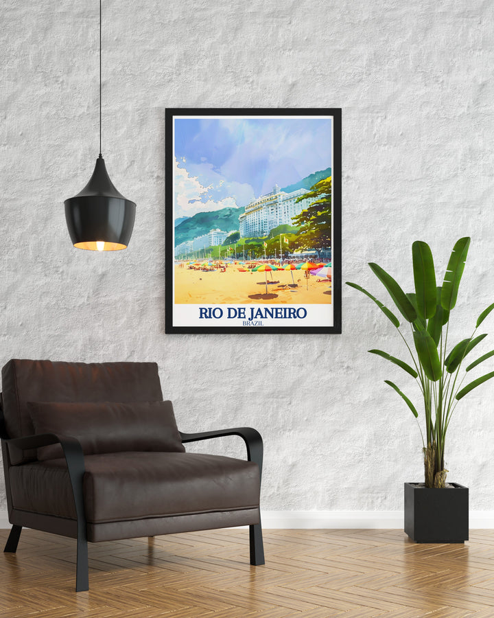 Copacabana Beach travel print showcasing the golden sands and deep blue waters of Rios most famous beach. This artwork brings the sun soaked allure of Copacabana into your living space, perfect for beach lovers.