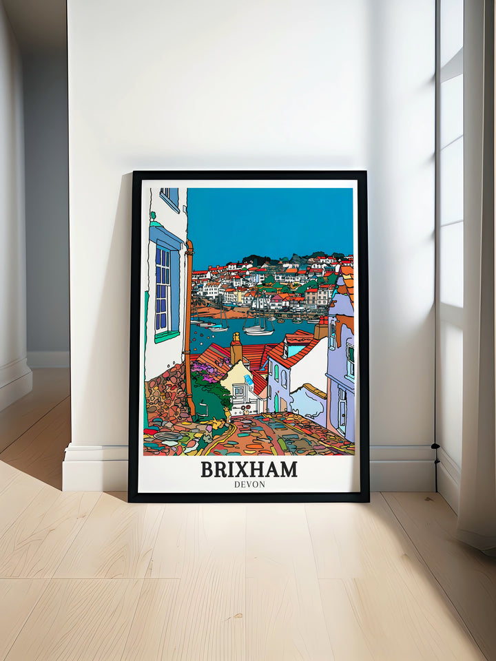 Brixham Poster Print captures the tranquil beauty of Brixham Harbour, featuring vibrant fishing boats and peaceful waters, perfect for coastal and travel enthusiasts looking to bring a touch of Englands seaside charm into their space.