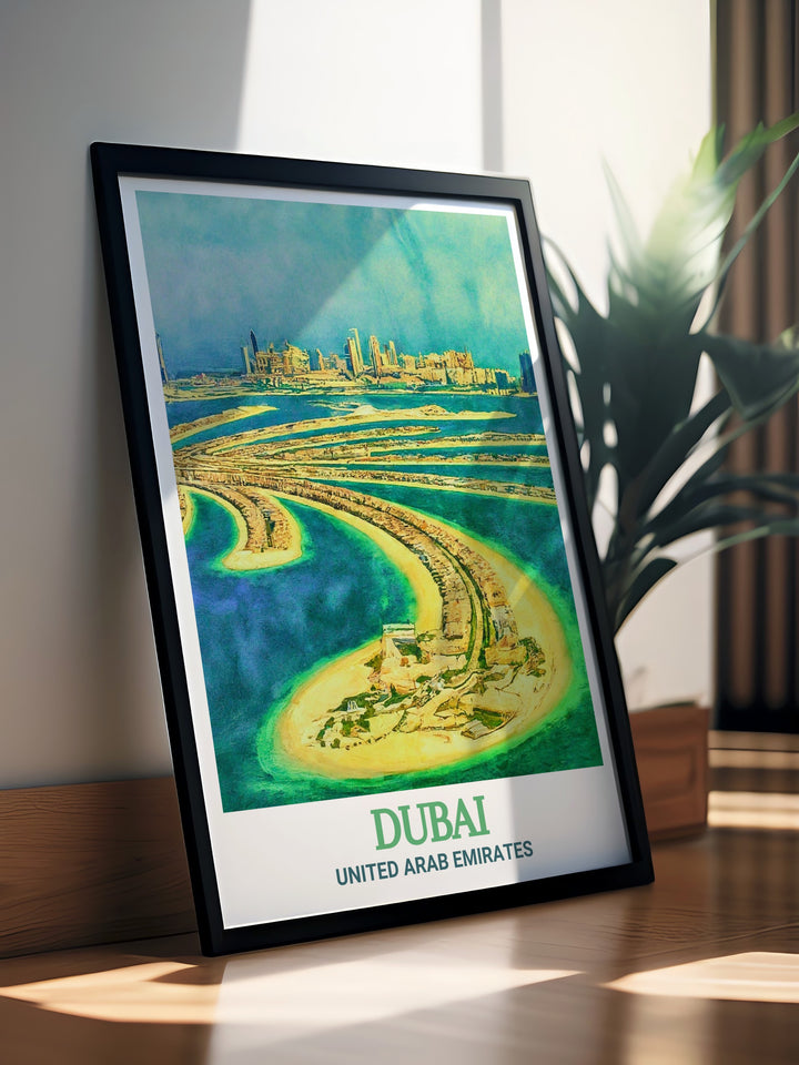 Sophisticated Palm Jumeirah art print in a sleek black and white design perfect for modern home decor featuring fine line details and a Dubai street map ideal for creating a focal point in your living space