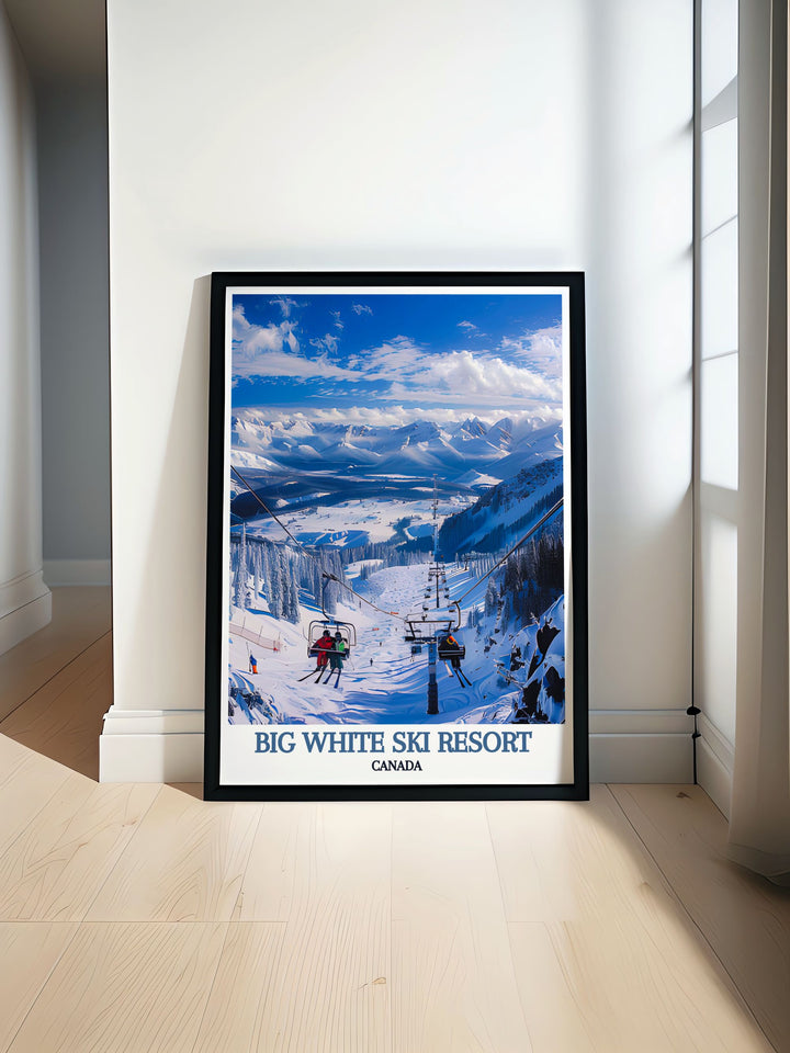 The Cliff Chair at Big White Ski Resort captured in stunning wall art, showcasing the iconic chairlift against the backdrop of the Rocky Mountains, perfect for adding a touch of Canadian winter magic to your home decor.
