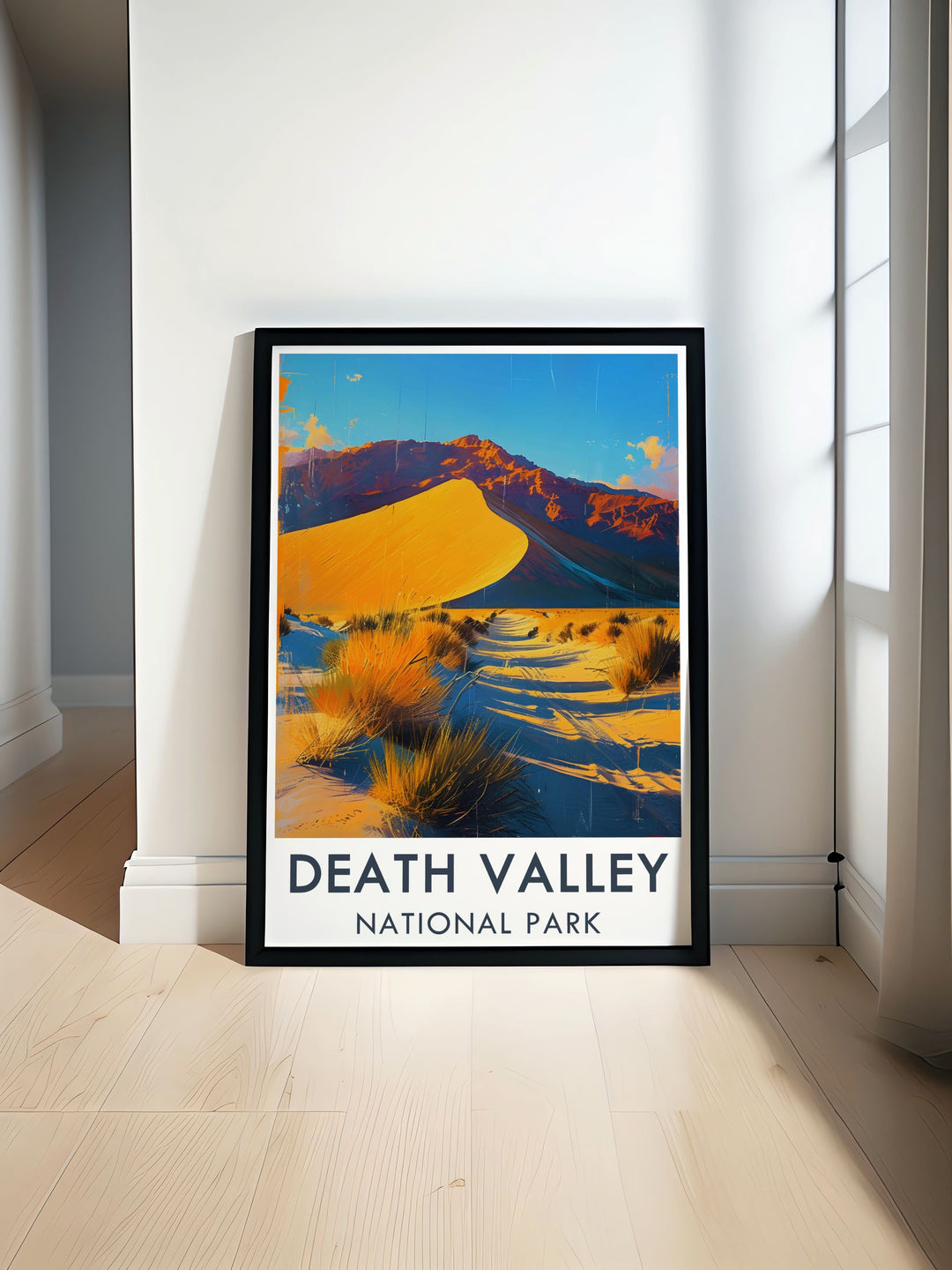 This Death Valley National Park Poster captures the expansive beauty of the desert, with Mesquite Flat Sand Dunes offering a stunning focal point. Perfect for fans of national parks and desert landscapes, this art print adds a serene, adventurous touch to any room.