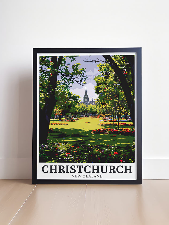 Experience the charm of Christchurch with a stunning print showcasing ChristChurch Cathedral and Christchurchs Botanic Gardens perfect for enhancing your wall décor with a touch of New Zealands rich history and natural beauty ideal for art lovers and travelers.