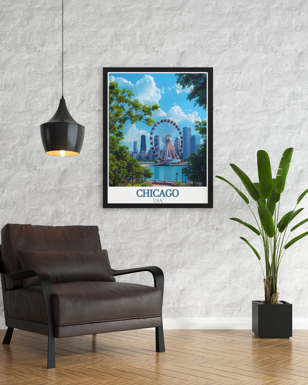 Chicago photograph capturing the stunning Navy Pier view. Ideal for creating a focal point in your living space this Chicago print brings the citys vibrant energy and scenic beauty into your home. A perfect gift for travel lovers and art collectors.