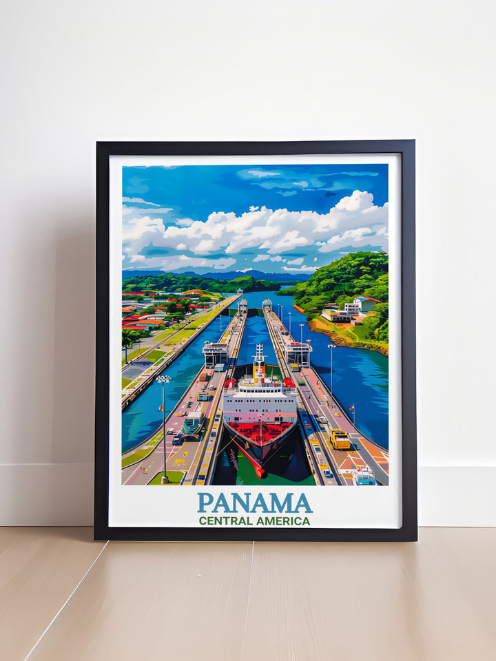 Panama Art Print featuring a detailed illustration of the Panama Canal and the natural beauty of Central America. This wall art brings a piece of history and coastal charm into any room, perfect for beach house decor or as a travel memory.