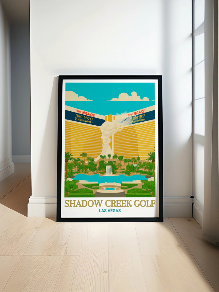 Vintage Poster of Shadow Creek Golf Course and The Mirage Hotel, celebrating the timeless appeal of these two iconic Las Vegas landmarks. The poster features the well manicured greens of the golf course and the dazzling lights of The Mirage, making it a perfect addition to any collection of golf art or vintage decor.