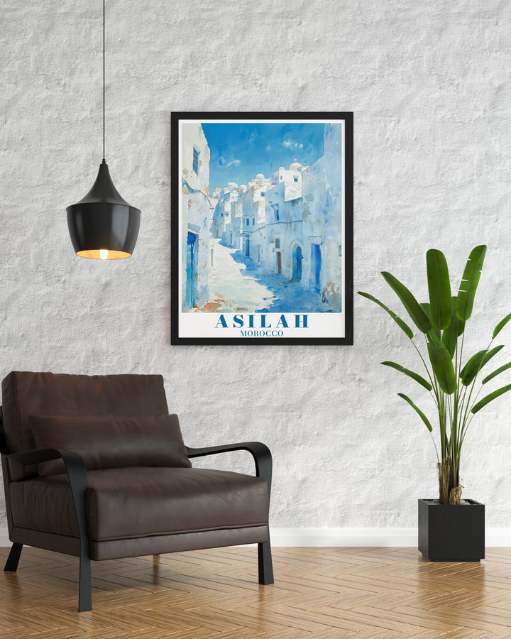 Wall poster of Asilahs Medina, highlighting the artistic walls and traditional Moroccan architecture that define this historic town. Perfect for lovers of Moroccan travel and art, this poster adds a touch of North African beauty to any space.