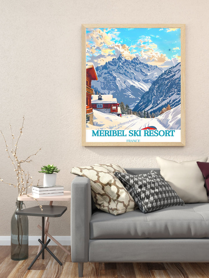 Saulire modern decor featuring a captivating Meribel France print. This stunning art piece reflects the excitement of skiing in the Three Valleys and adds a stylish touch to your home.