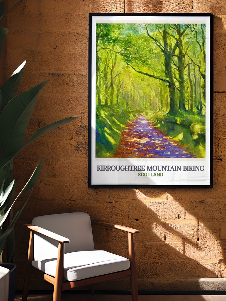 Kirroughtree Mountain Biking travel print showcasing the adventurous 7stanes Trails and the natural beauty of Galloway Forest Park. This wall art is designed for those who appreciate outdoor exploration and want to bring Scotlands biking culture into their living spaces.