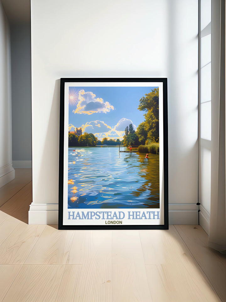 A combination of Hampstead Heaths greenery and the famous Hampstead Ponds, captured in this travel print. Perfect for home décor, this wall art celebrates the natural charm of Londons favorite outdoor spots.