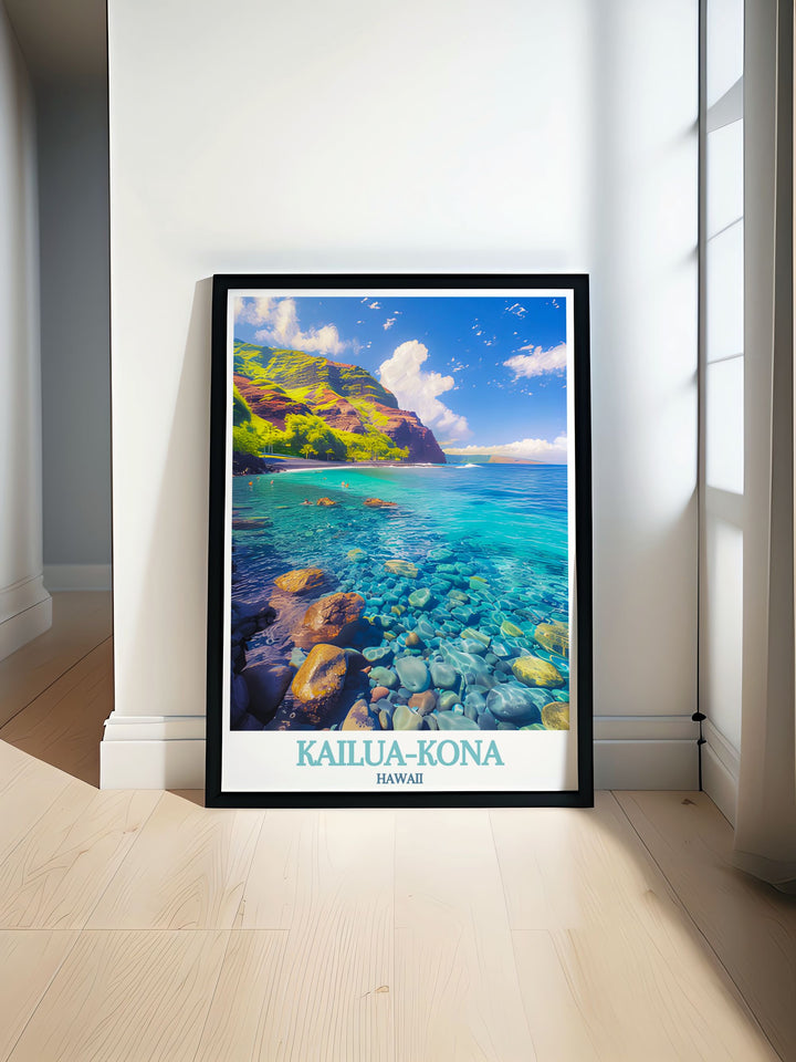 Vibrant depiction of Kailua Kona, reflecting its role as a historical and cultural hub in Hawaii. The travel poster highlights the towns stunning natural beauty and historical landmarks.