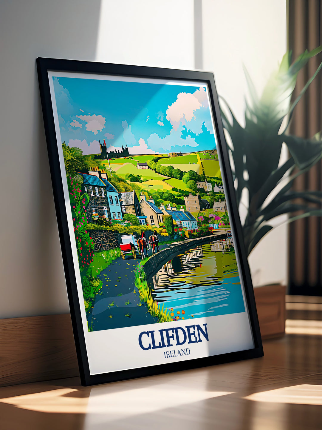 Travel print of Clifden, Ireland, focusing on the historic Clifden Castle and the peaceful Owenglin River. This piece adds a sense of adventure and serenity to your home decor.