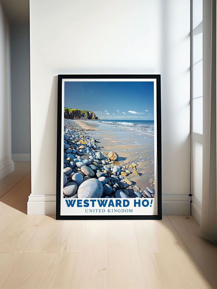 Pebble Ridge modern art captures the serene beauty of Devons coastline perfect for coastal living and wall decor these stunning prints bring the charm of Westward Ho beach into your home providing a unique travel poster gift and elegant home decor solution