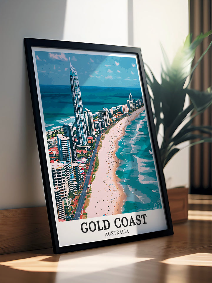 This Brisbane travel print captures the bustling energy of one of Australias most dynamic cities. Featuring the riverside skyline, this artwork is ideal for urban explorers and anyone looking to celebrate their love for Brisbanes unique mix of culture and modernity.