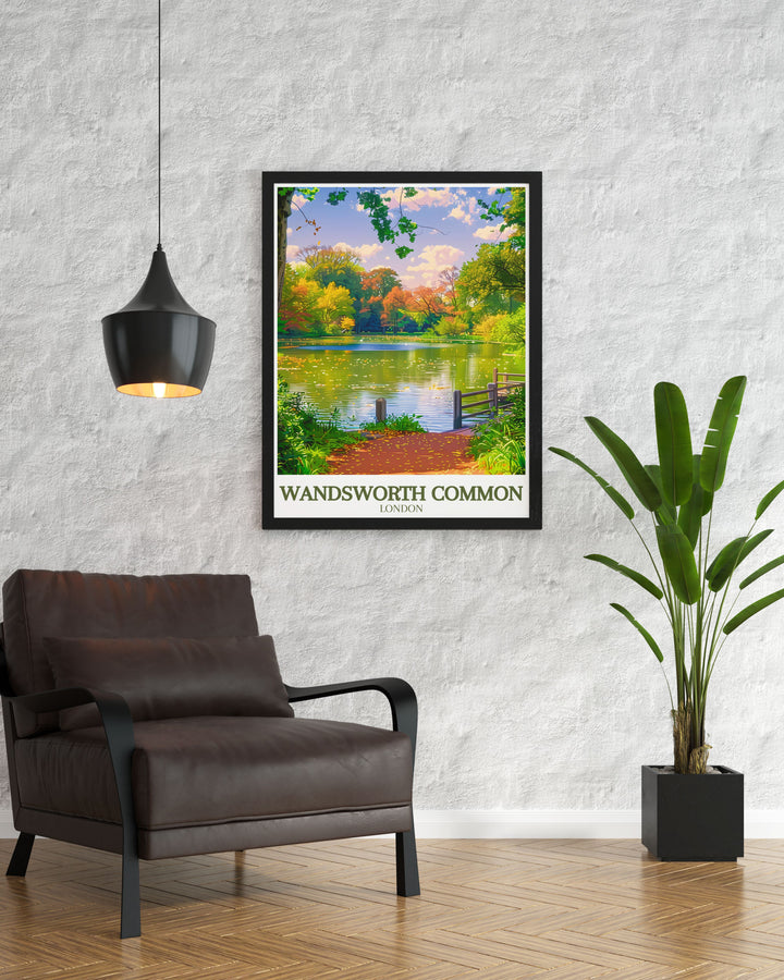 Capture the charm of Wandsworth Common with this retro railway print. This poster highlights the serene landscapes and historical landmarks of Wandsworth Park, making it a great addition to any collection of South London art.