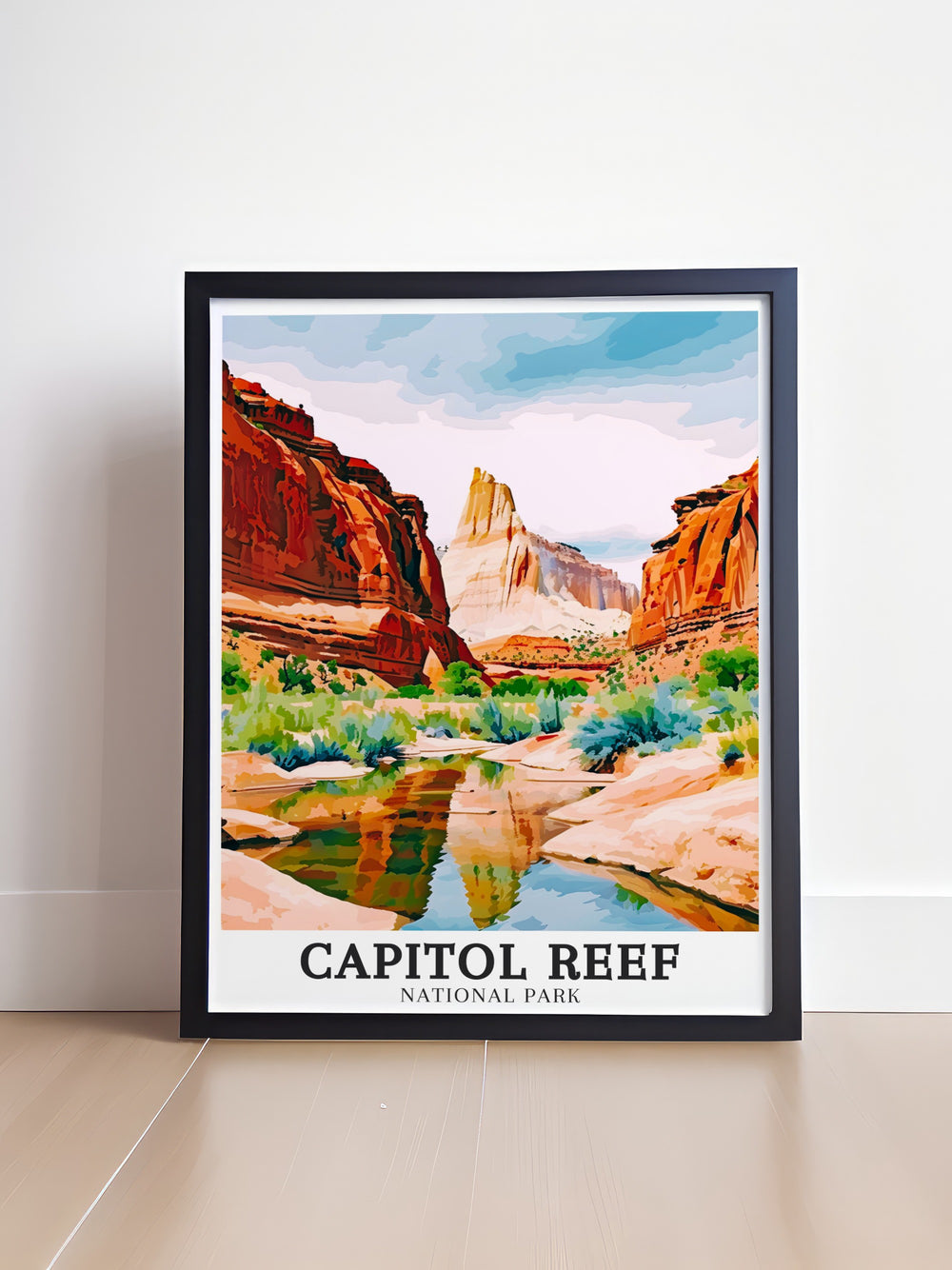 Lower Muley Twist Canyon Travel Poster showcases one of Capitol Reefs most iconic hiking trails, with its twisting passages and towering sandstone walls. A perfect piece for anyone who loves Utahs desert beauty.