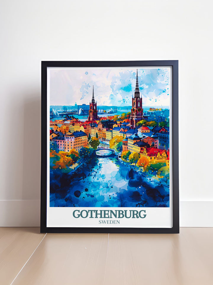 Bringing the beauty of Gothenburg into your home, this poster showcases the citys picturesque canals and majestic architecture. Perfect for those who love urban exploration and historical landmarks, this artwork adds a touch of Swedish elegance to any room.