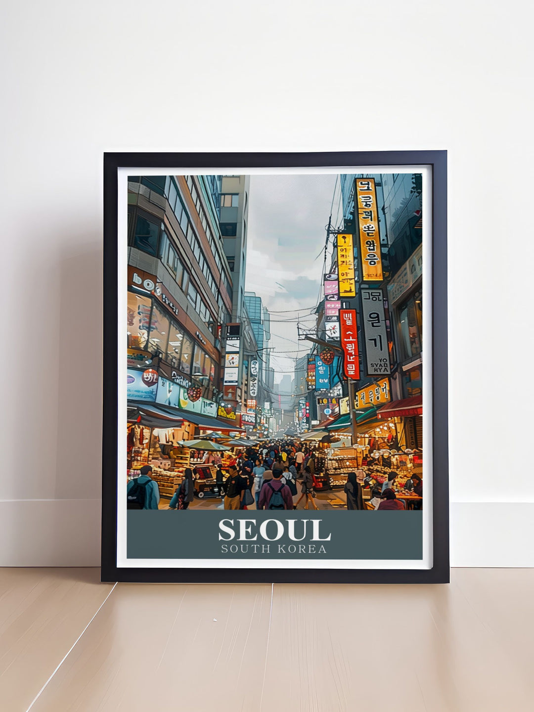 Modern Seoul Art capturing the bustling atmosphere of Myeongdong Shopping Street ideal for stunning living room decor and home art collections